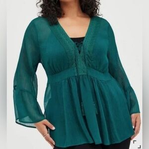 Torrid Forest Green Lace-Up Peasant Top Size 0X EUC